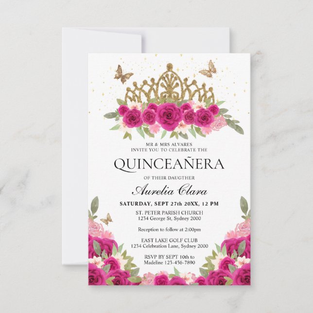 BUDGET Elegant Pink Floral Gold Tiara Quinceanera Note Card (Front)