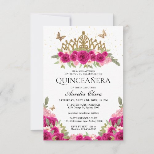 BUDGET Elegant Pink Floral Gold Tiara Quinceanera Note Card