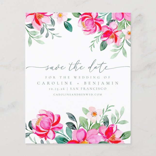 Budget Elegant Pink Floral Script Save The Date (Front)
