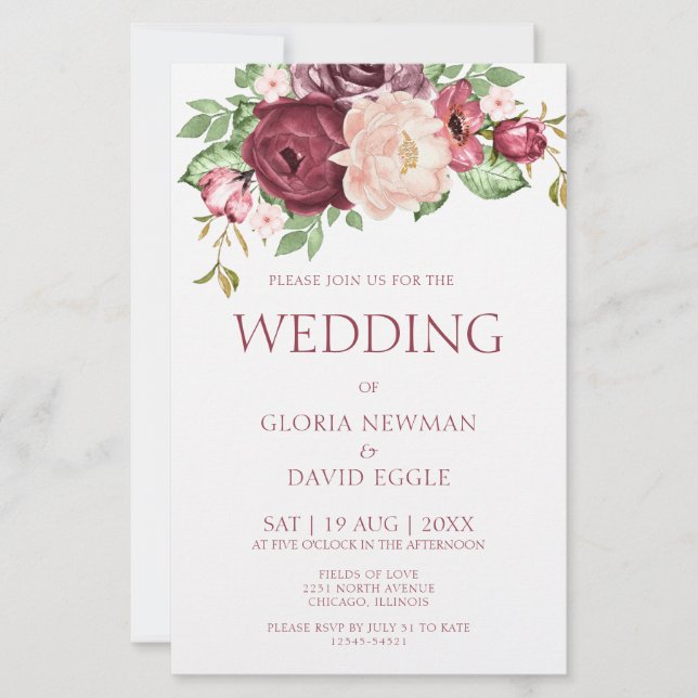 Budget Elegant Pink Marsala Wedding Invitation (Front)