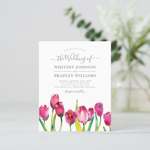 Budget Elegant Pink Tulip Wedding Invitations - Budget spring summer wedding invitations featuring a simple white background, a pretty pink watercolor tulip floral display, and a editable elegant wedding template for you to change to your own.