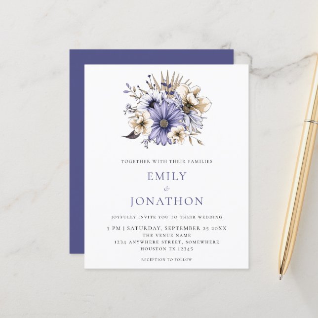 Budget Elegant Purple Florals Wedding Invitation (Front/Back In Situ)
