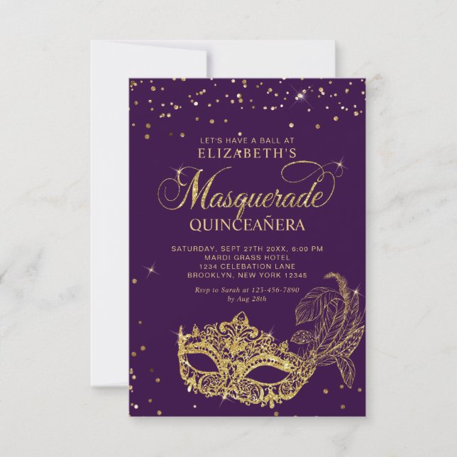 BUDGET Elegant Purple Gold Masquerade Quinceañera Note Card (Front)