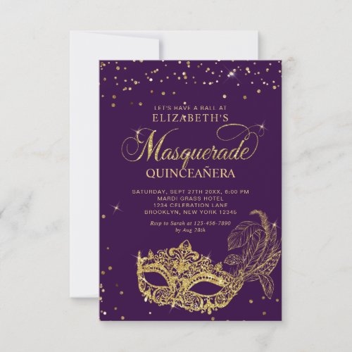 BUDGET Elegant Purple Gold Masquerade Quinceaera Note Card
