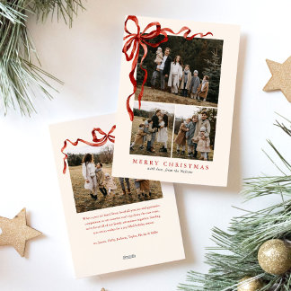 Budget Elegant Red Bow Christmas Four Photo Holiday Card