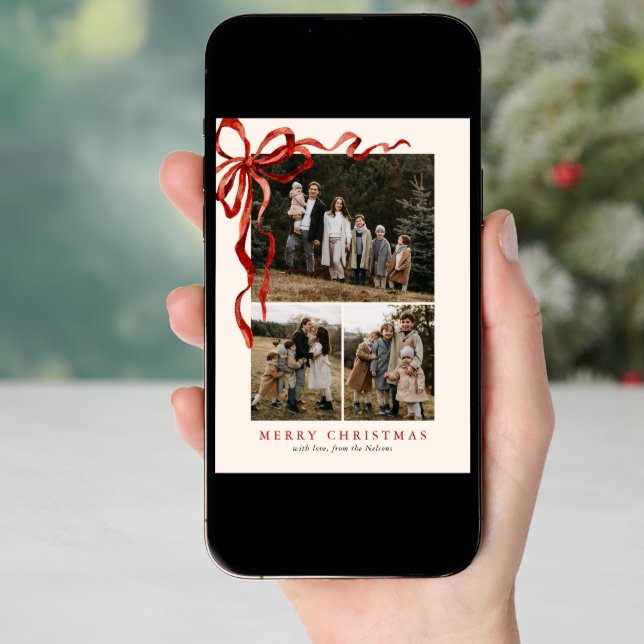 Budget Elegant Red Bow Christmas Four Photo Holiday Card (Front Digital)