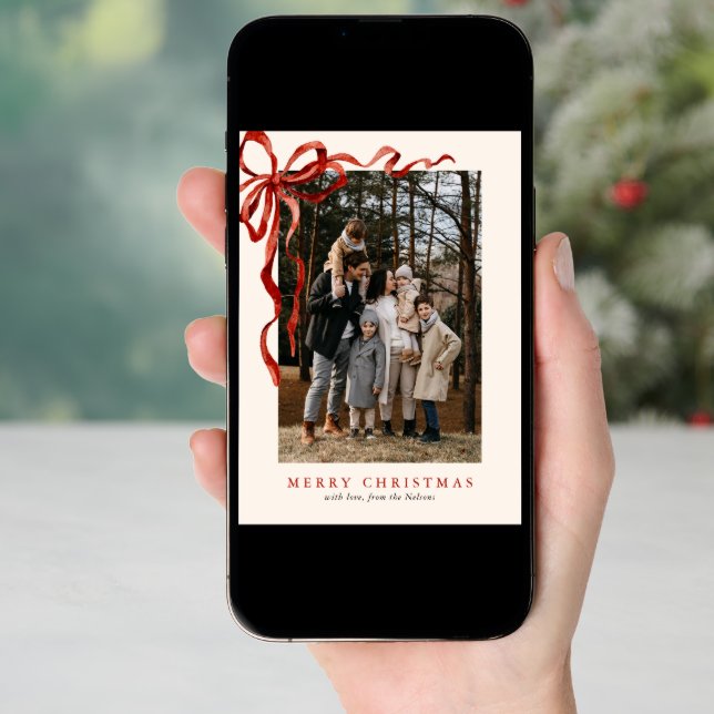 Budget Elegant Red Bow Christmas Two Photo Holiday Card (Front Digital)