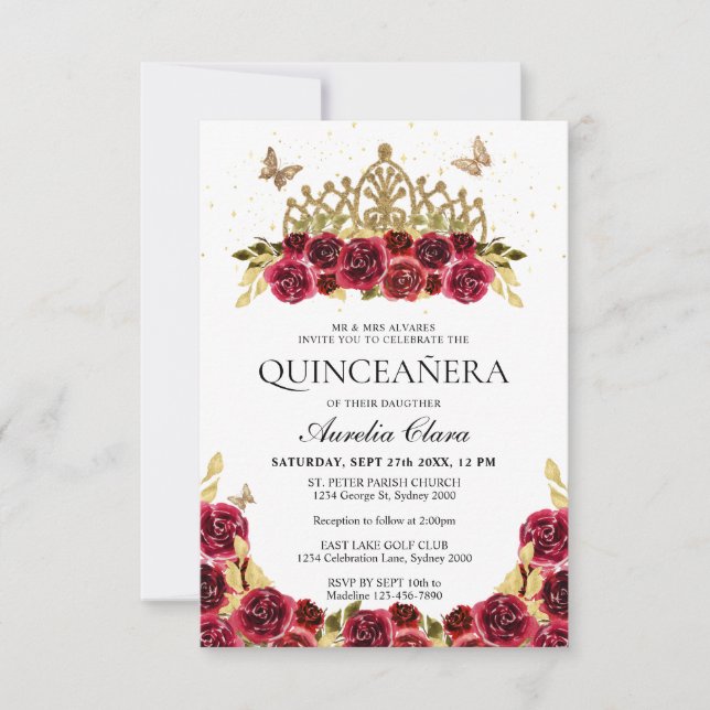 BUDGET Elegant Red Floral Gold Tiara Quinceanera Note Card (Front)