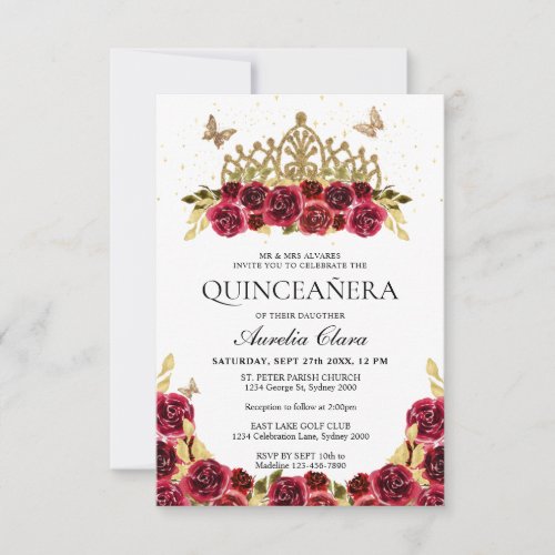 BUDGET Elegant Red Floral Gold Tiara Quinceanera Note Card