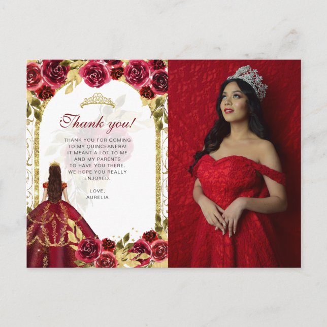 Budget Elegant Red Floral Photo Quinceañera Postcard (Front)