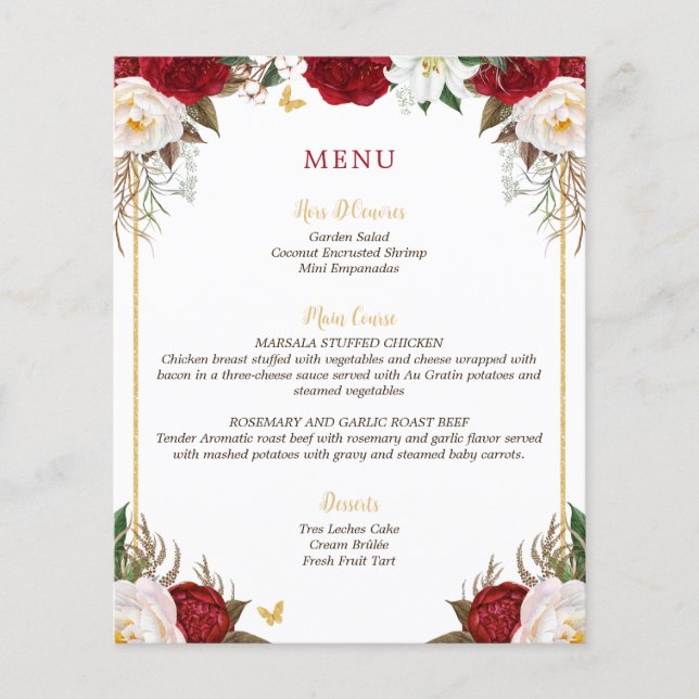 Budget Elegant Red Floral Quinceañera Menu (Front)