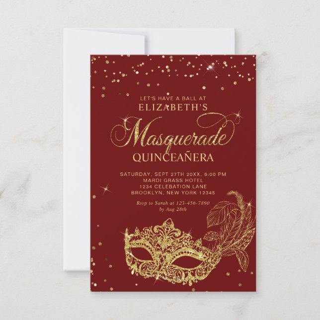 BUDGET Elegant Red Gold Masquerade Quinceañera Note Card (Front)