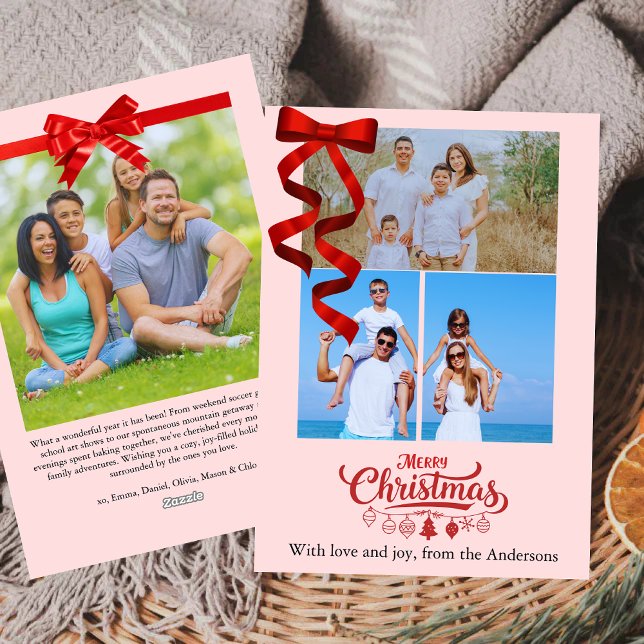 Budget Elegant Red Ribbon Christmas Four Photo Holiday Card (Creator Uploaded)
