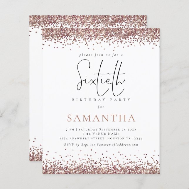 Budget Elegant Rose Gold Glitter 60th Party Invite (Front/Back)