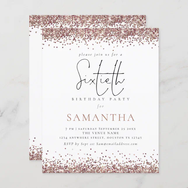 Budget Elegant Rose Gold Glitter 60th Party Invite | Zazzle