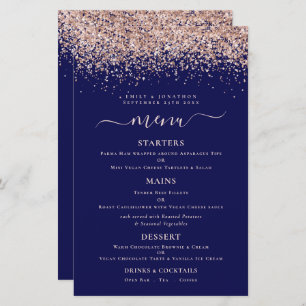 Budget Elegant Rose Gold Glitter Navy Wedding Menu
