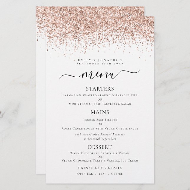 Budget Elegant Rose Gold Glitter Wedding Menu (Front/Back)