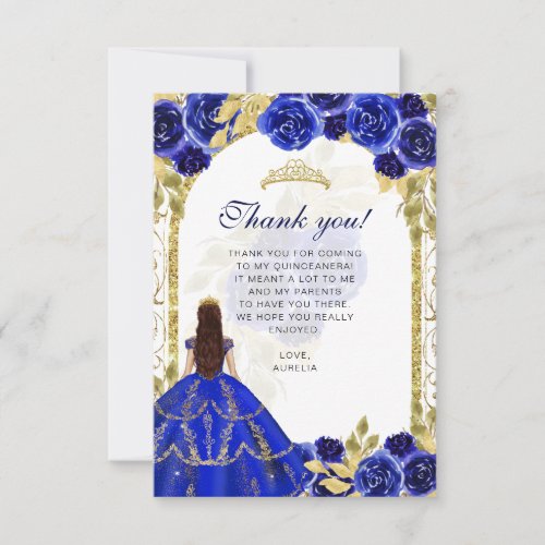Budget Elegant Royal Blue Floral Photo Quinceaera Thank You Card