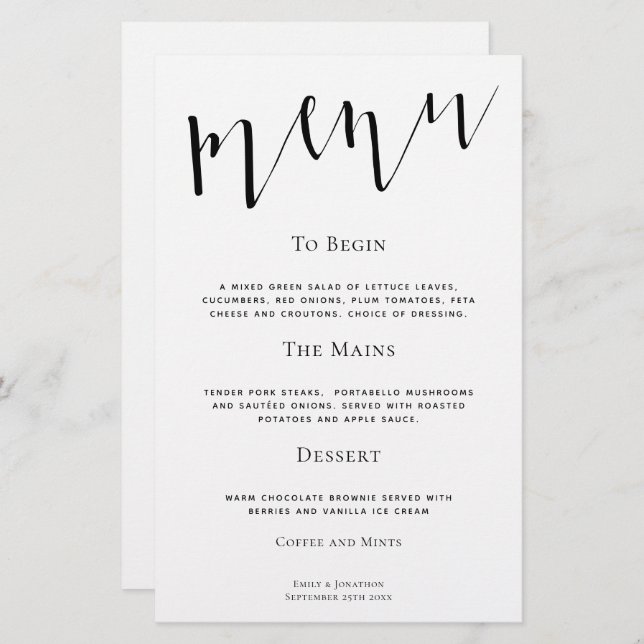 Budget Elegant Script Any Color Wedding Menu (Front/Back)