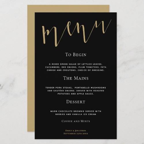 Budget Elegant Script Black Gold Wedding Menu