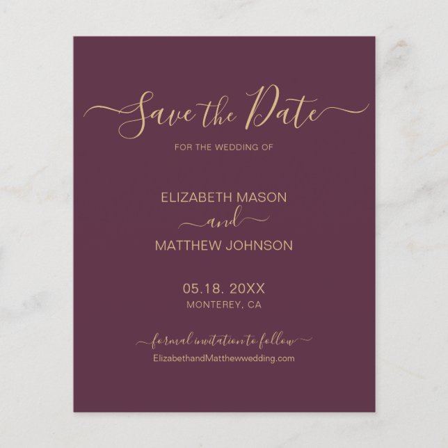 Budget Elegant Script Burgundy Gold Save The Date  Flyer (Front)