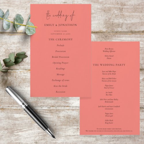 Budget Elegant Script Coral Rose Wedding Program