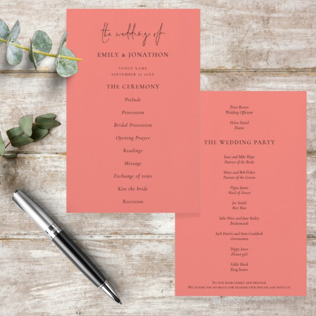 Budget Elegant Script Coral Rose Wedding Program (Creator Uploaded)