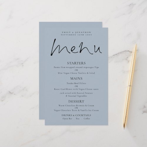 Budget Elegant Script Dusty Blue Wedding Menu