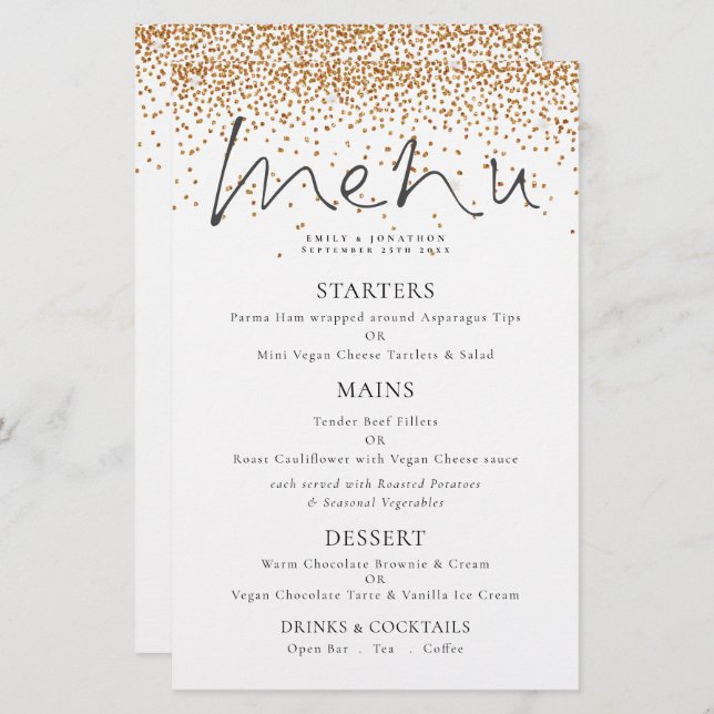 Budget Elegant Script Gold Glitter Wedding Menu (Front/Back)
