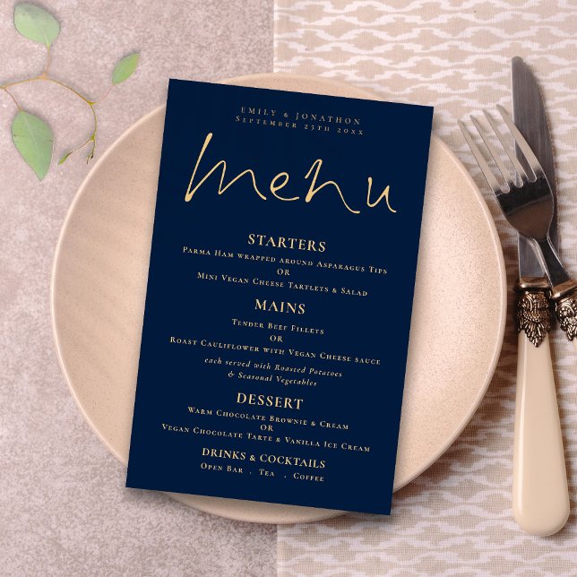 Budget Elegant Script Gold Navy Blue Wedding Menu (Creator Uploaded)