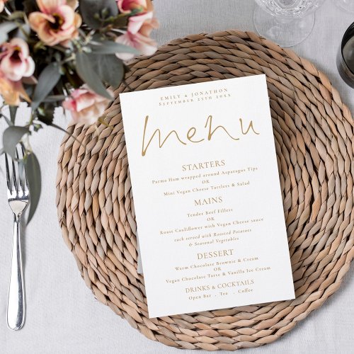 Budget Elegant Script Gold White Wedding Menu