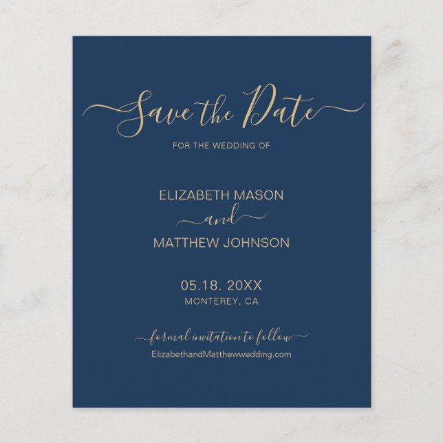 Budget Elegant Script Navy and Gold Save The Date Flyer (Front)