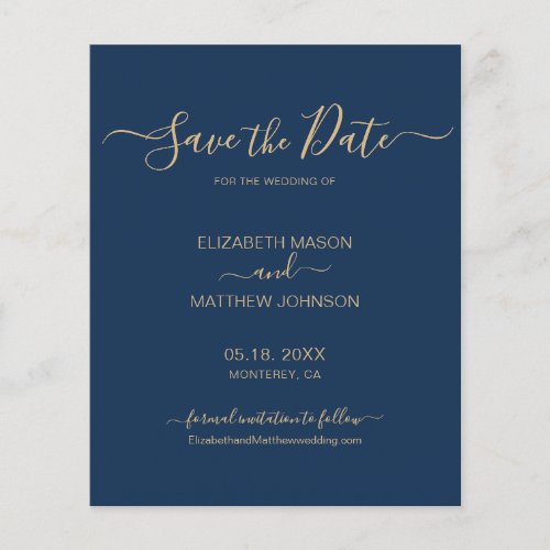 Budget Elegant Script Navy and Gold Save The Date Flyer