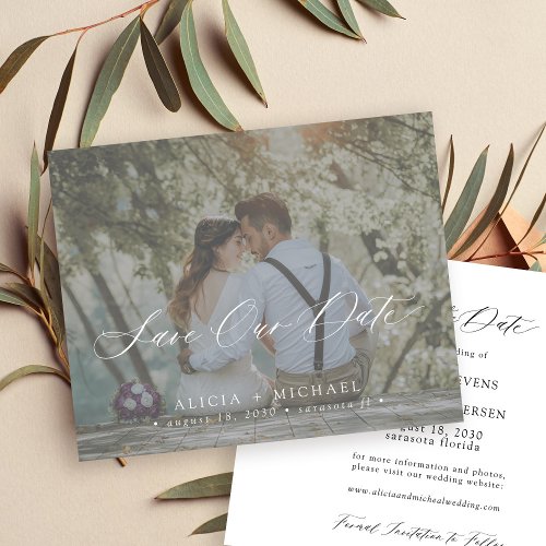 Budget elegant script photo wedding save the date