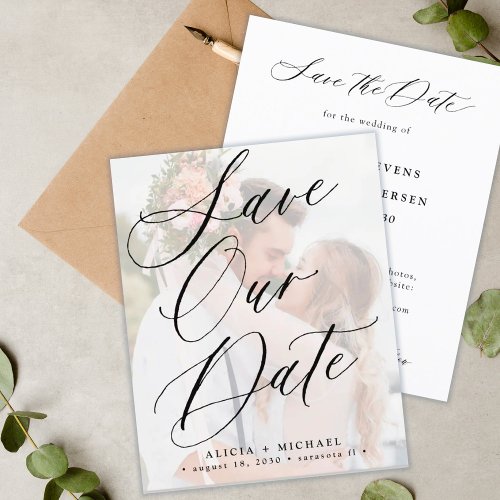 Budget elegant script photo wedding save the date