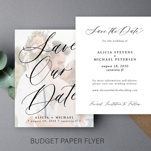 Budget elegant script photo wedding save the date flyer