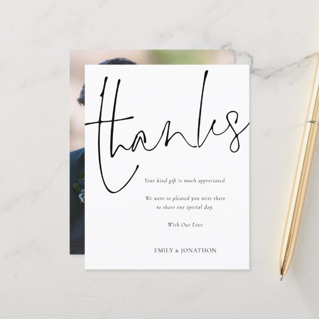 Budget Elegant Script Photo Wedding Thank You (Front/Back In Situ)
