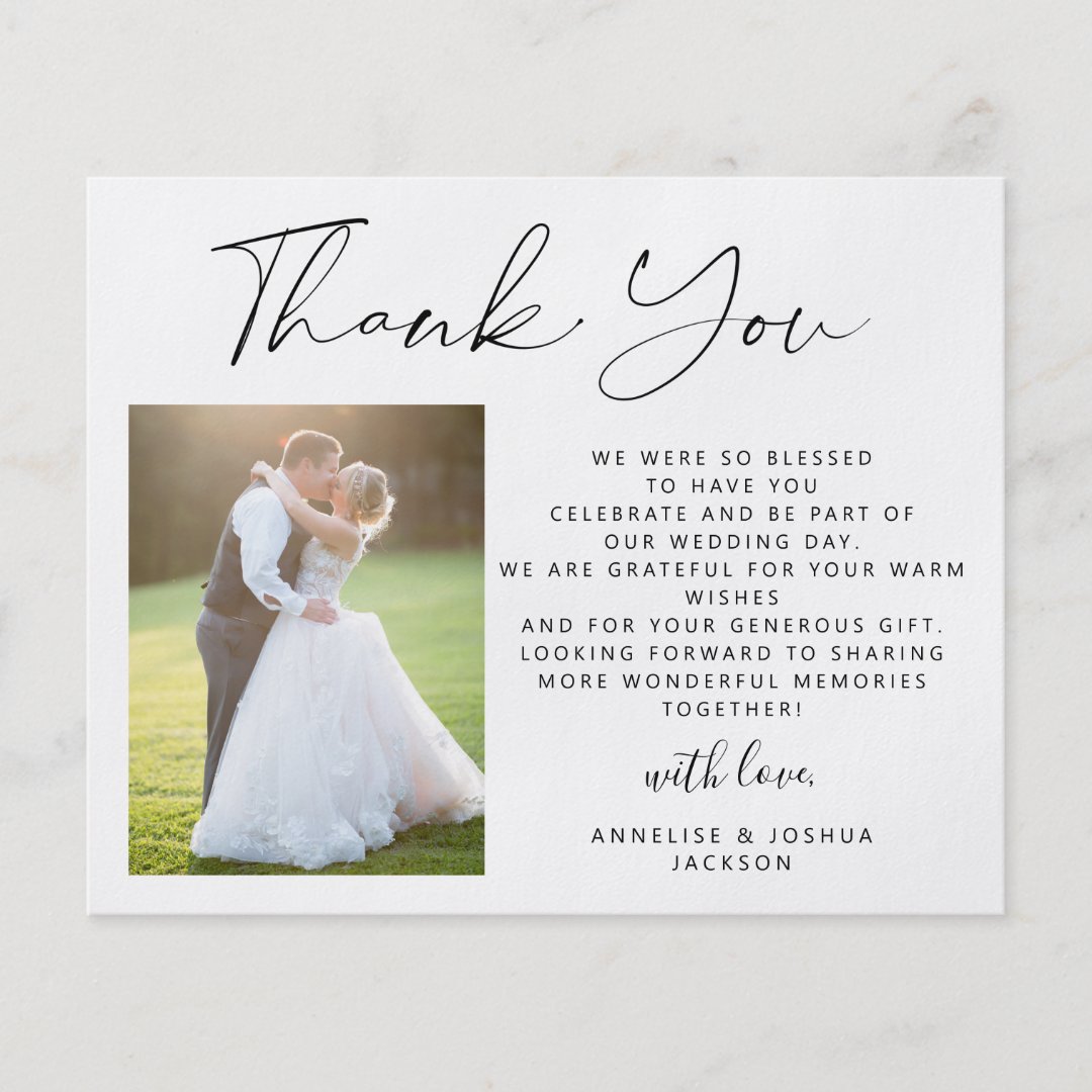 Budget elegant script photo wedding thank you flyer | Zazzle