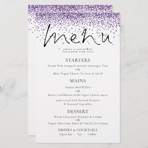 Budget Elegant Script Purple Glitter Wedding Menu