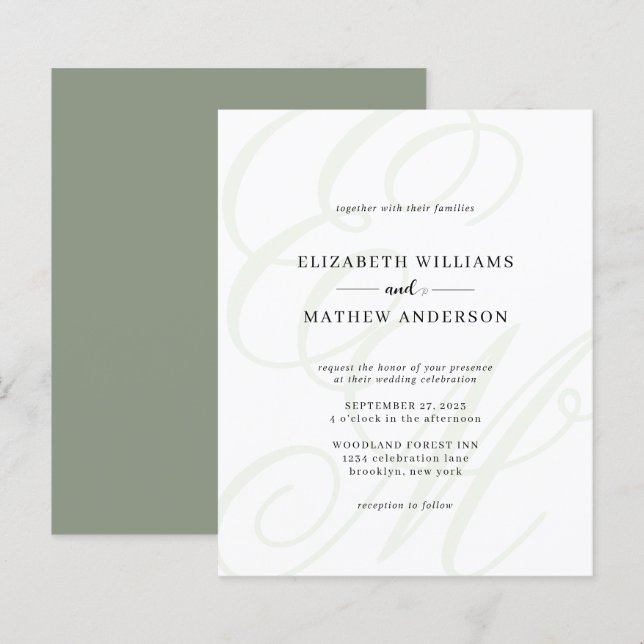 Budget Elegant Script Sage Green Monogram Wedding (Front/Back)