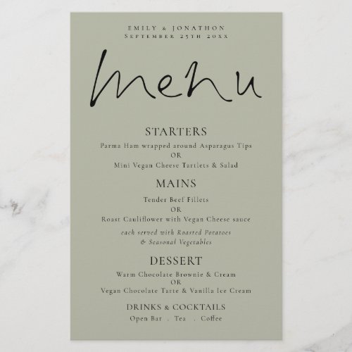 Budget Elegant Script Soft Sage Wedding Menu