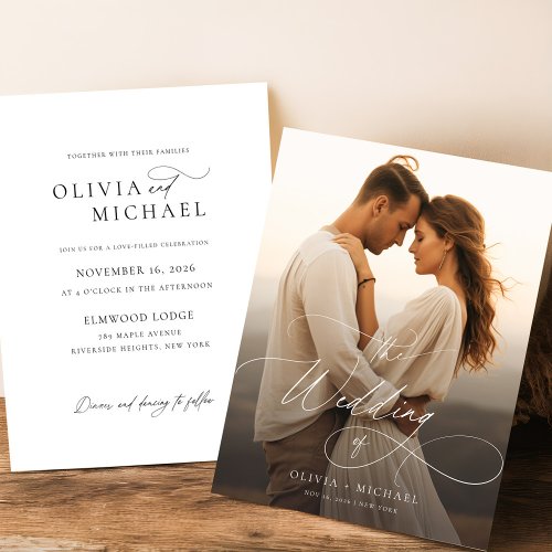 Budget Elegant Script Sunset Photo Wedding Invites