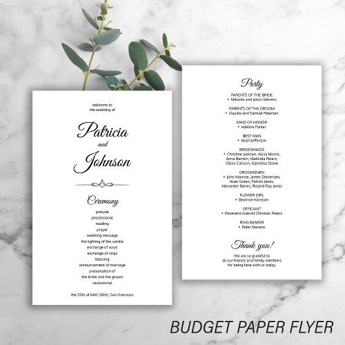 Budget elegant simple black white wedding program flyer