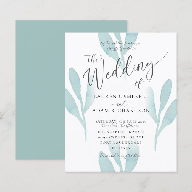 Budget Elegant Teal Watercolor Wedding Invitation (Front/Back)