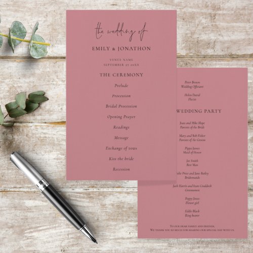 Budget Elegant Text Dusty Rose Wedding Program