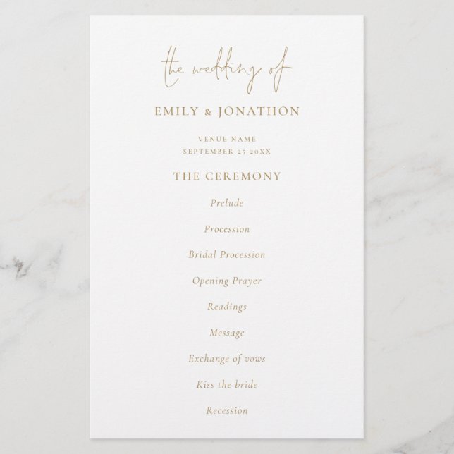 Budget Elegant Text  Gold White Wedding Program (Front)