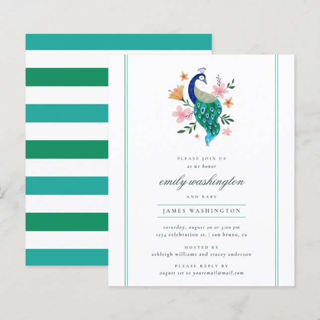 Budget Elegant Watercolor Peacock Baby Shower (Front/Back)
