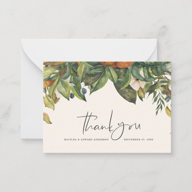 budget elegant wedding thank you citrus botanical note card (Front)
