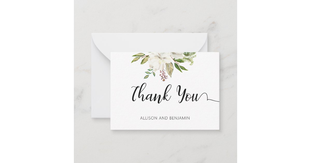 BUDGET Elegant Wedding White Floral Thank You Note Card | Zazzle
