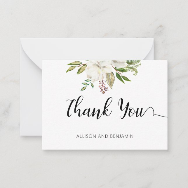 BUDGET Elegant Wedding White Floral Thank You Note Card (Front)
